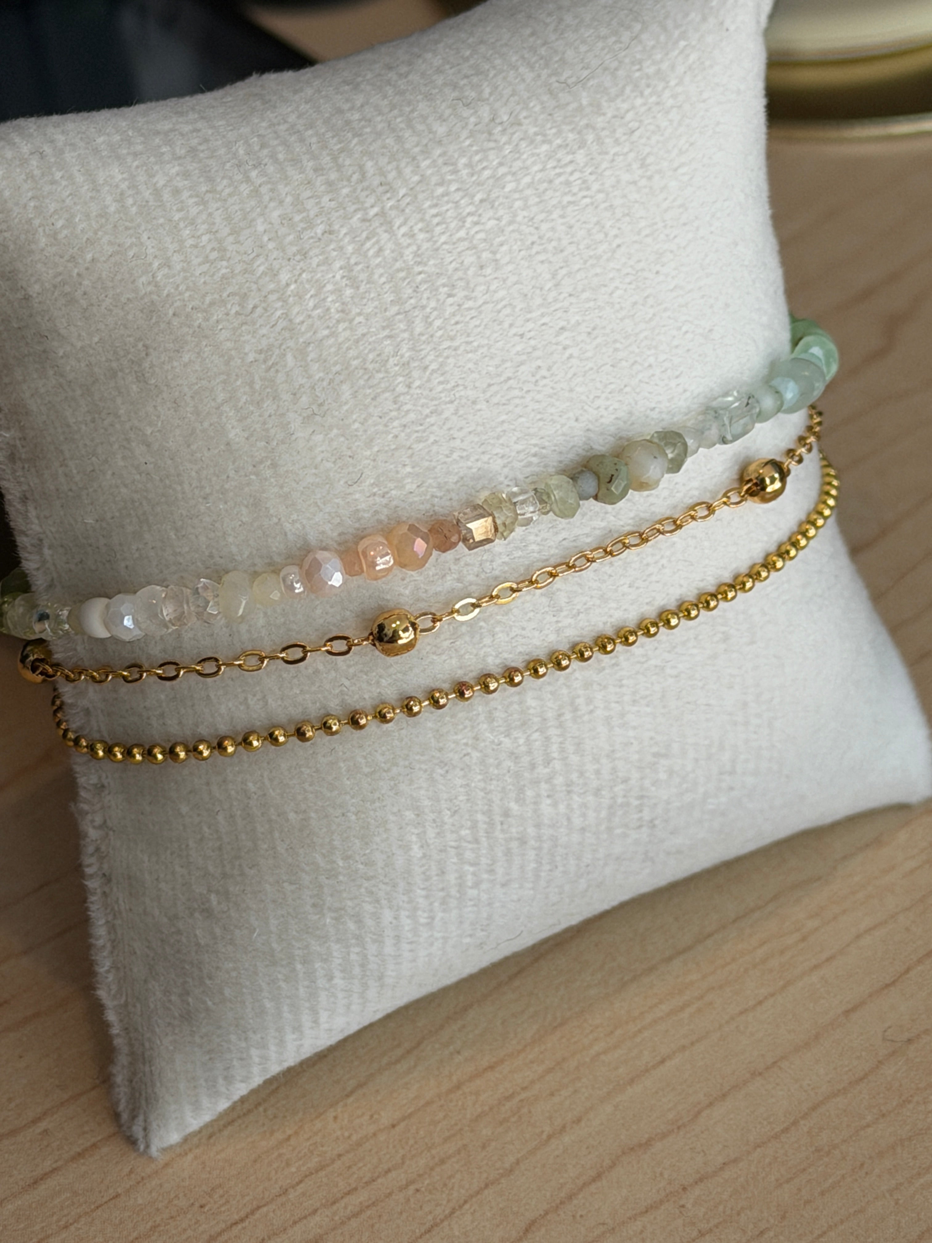 Trio bracelet #1 of 14K gold plated chains with mixed gemstones and glass crystals*