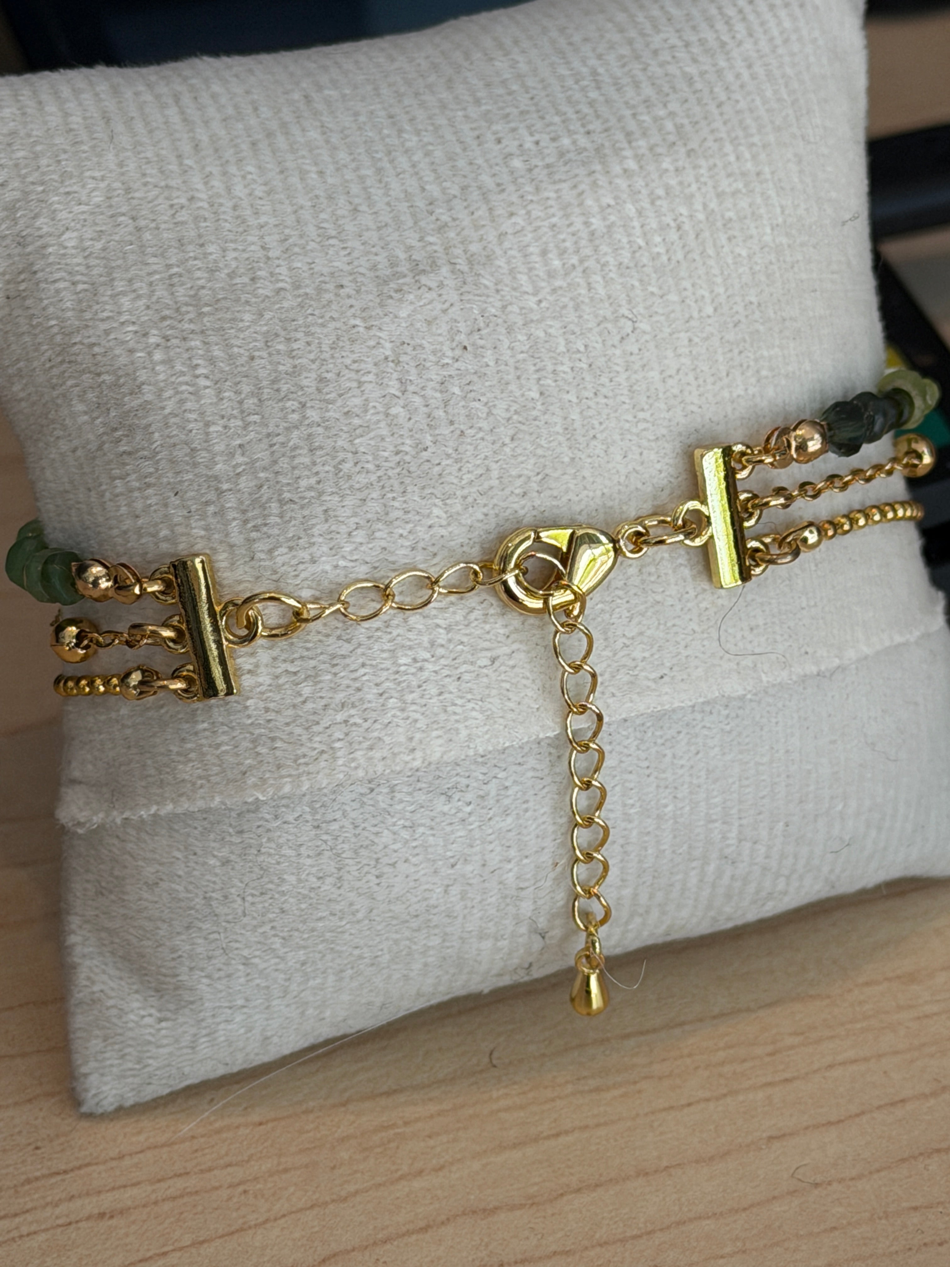 Trio bracelet #1 of 14K gold plated chains with mixed gemstones and glass crystals*