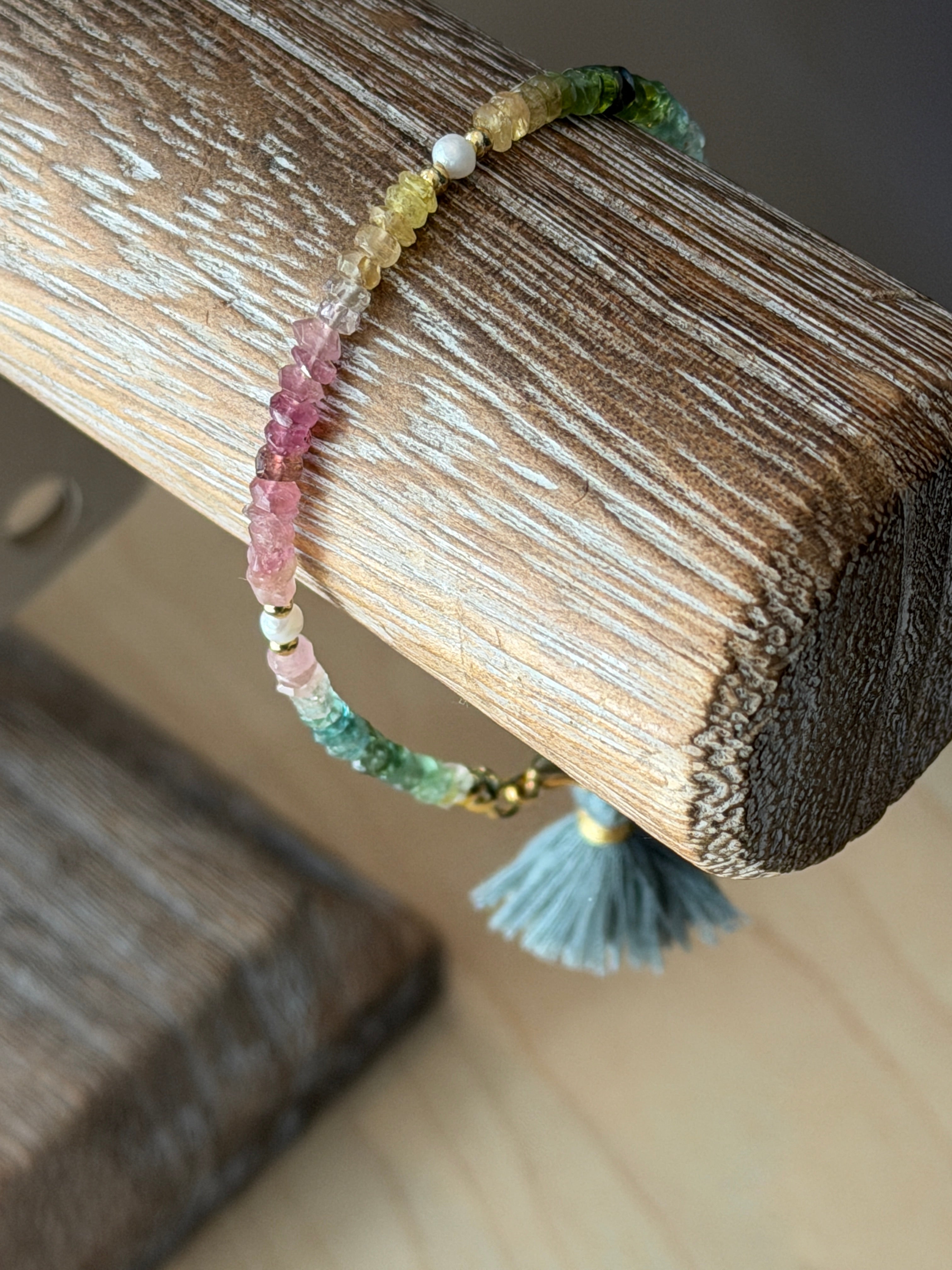 Aria bracelet #1 Tourmaline gemstones, freshwater pearls, blue tassel*