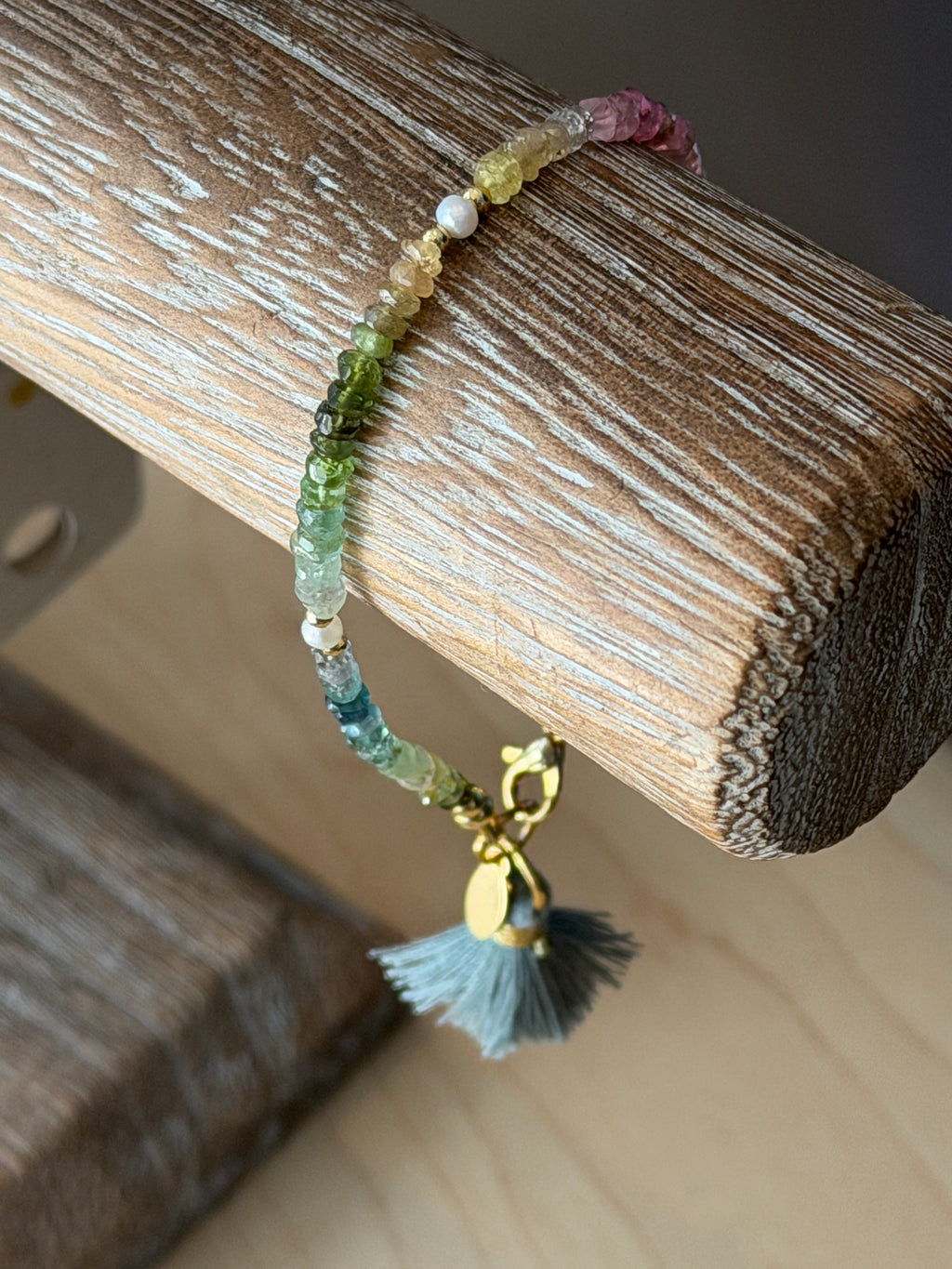 Aria bracelet #1 Tourmaline gemstones, freshwater pearls, blue tassel*