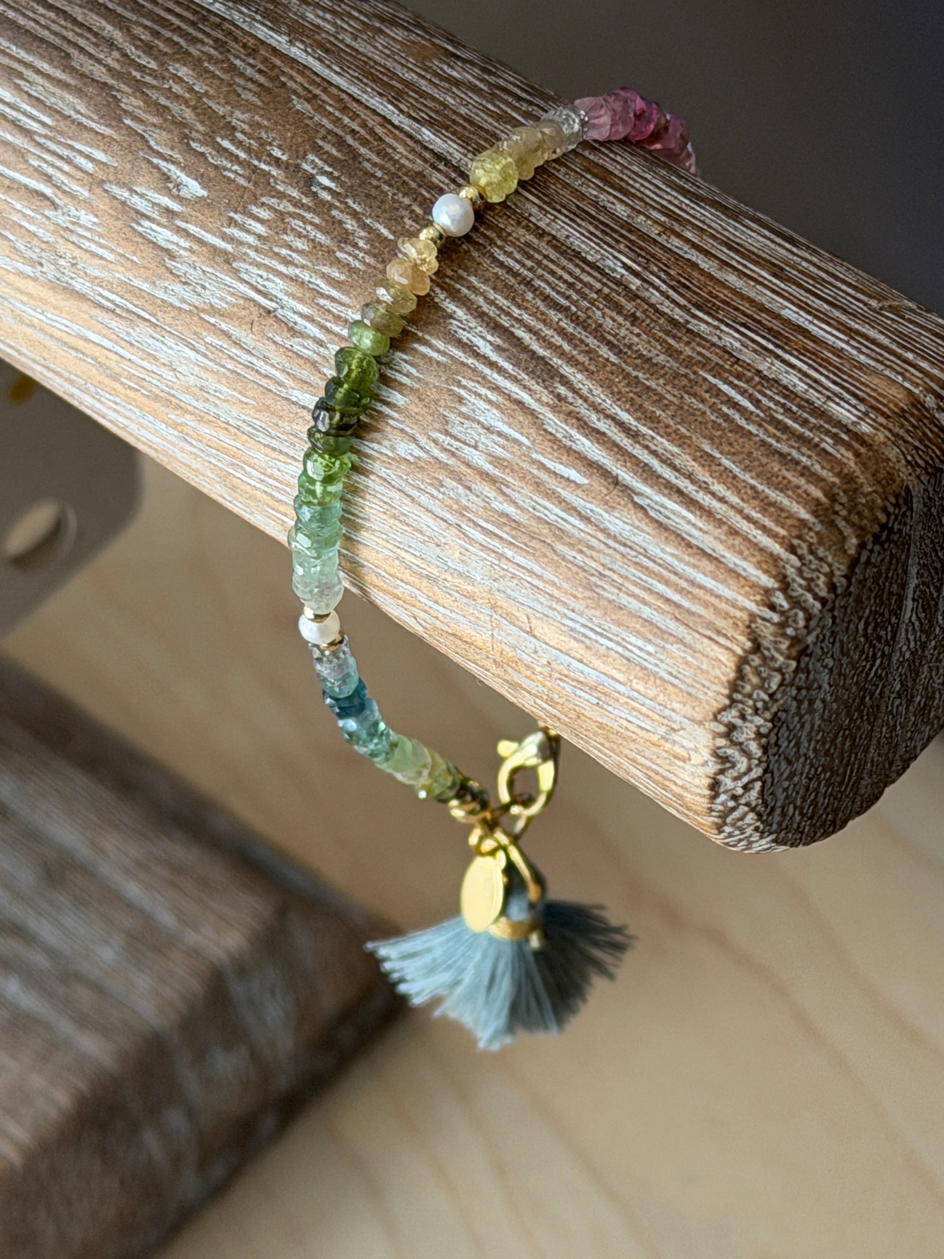 Aria bracelet #1 Tourmaline gemstones, freshwater pearls, blue tassel*