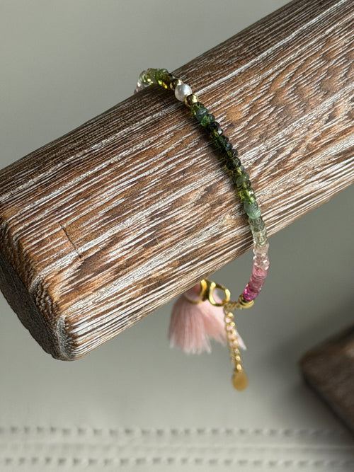 Aria bracelet #2 Tourmaline gemstones, freshwater pearls, pink tassel*