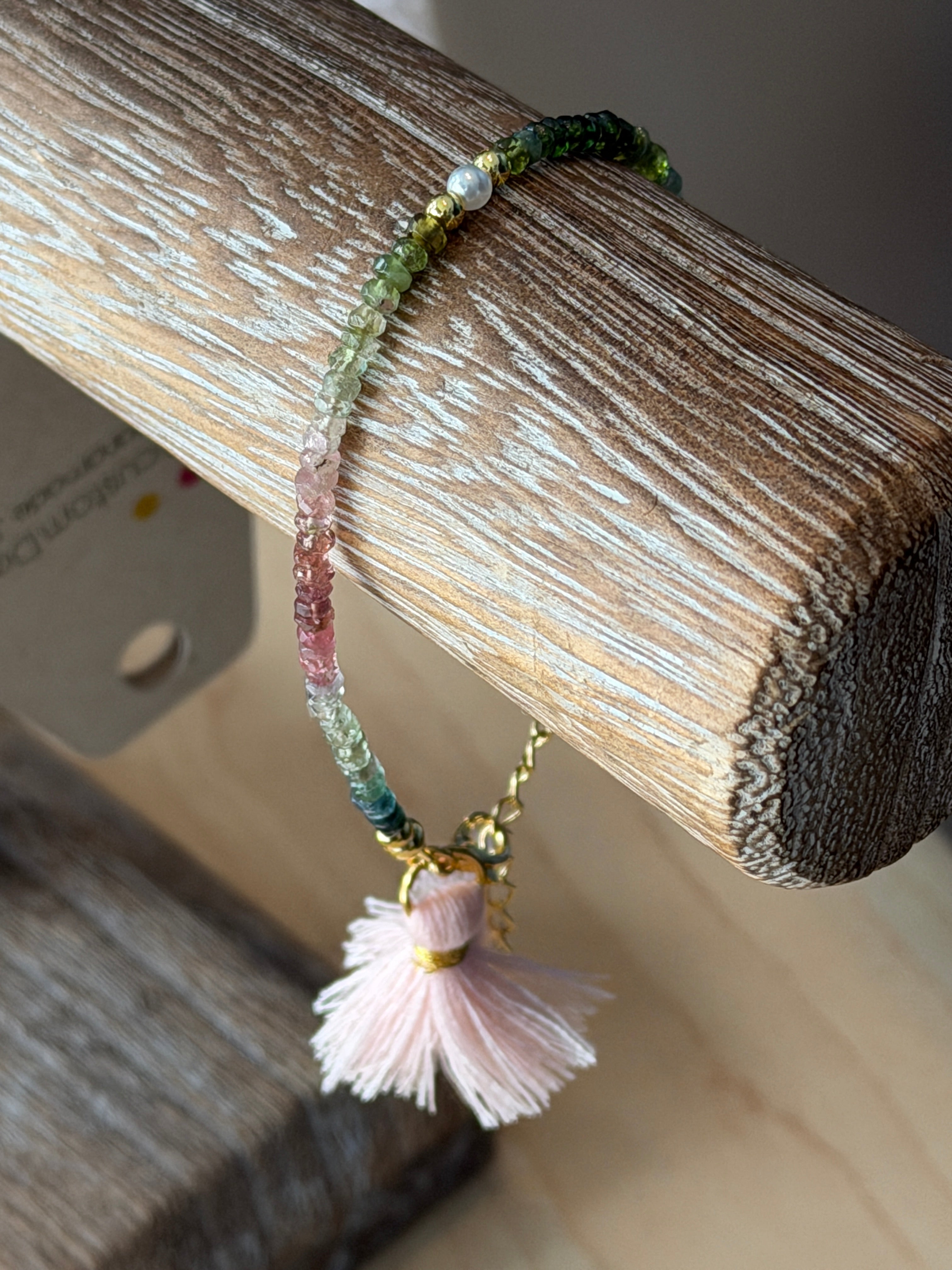 Aria bracelet #2 Tourmaline gemstones, freshwater pearls, pink tassel*