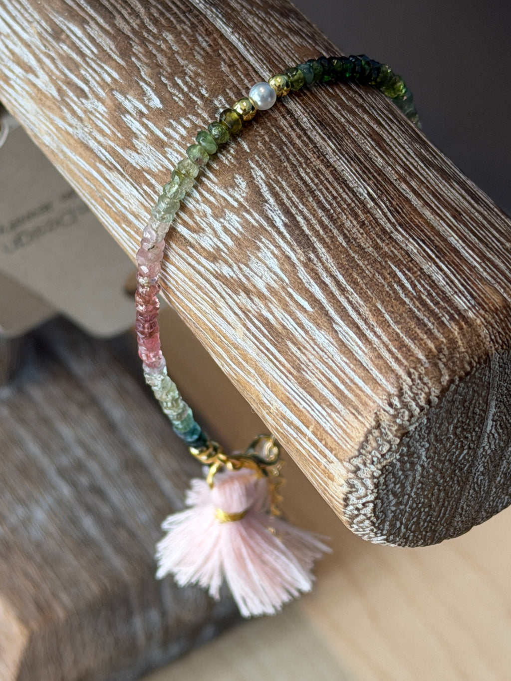 Aria bracelet #2 Tourmaline gemstones, freshwater pearls, pink tassel*