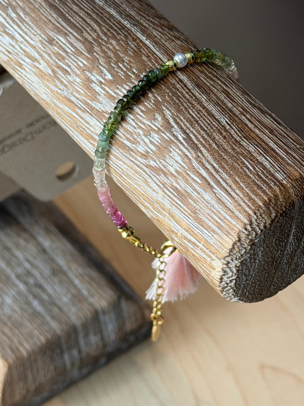 Aria bracelet #2 Tourmaline gemstones, freshwater pearls, pink tassel*