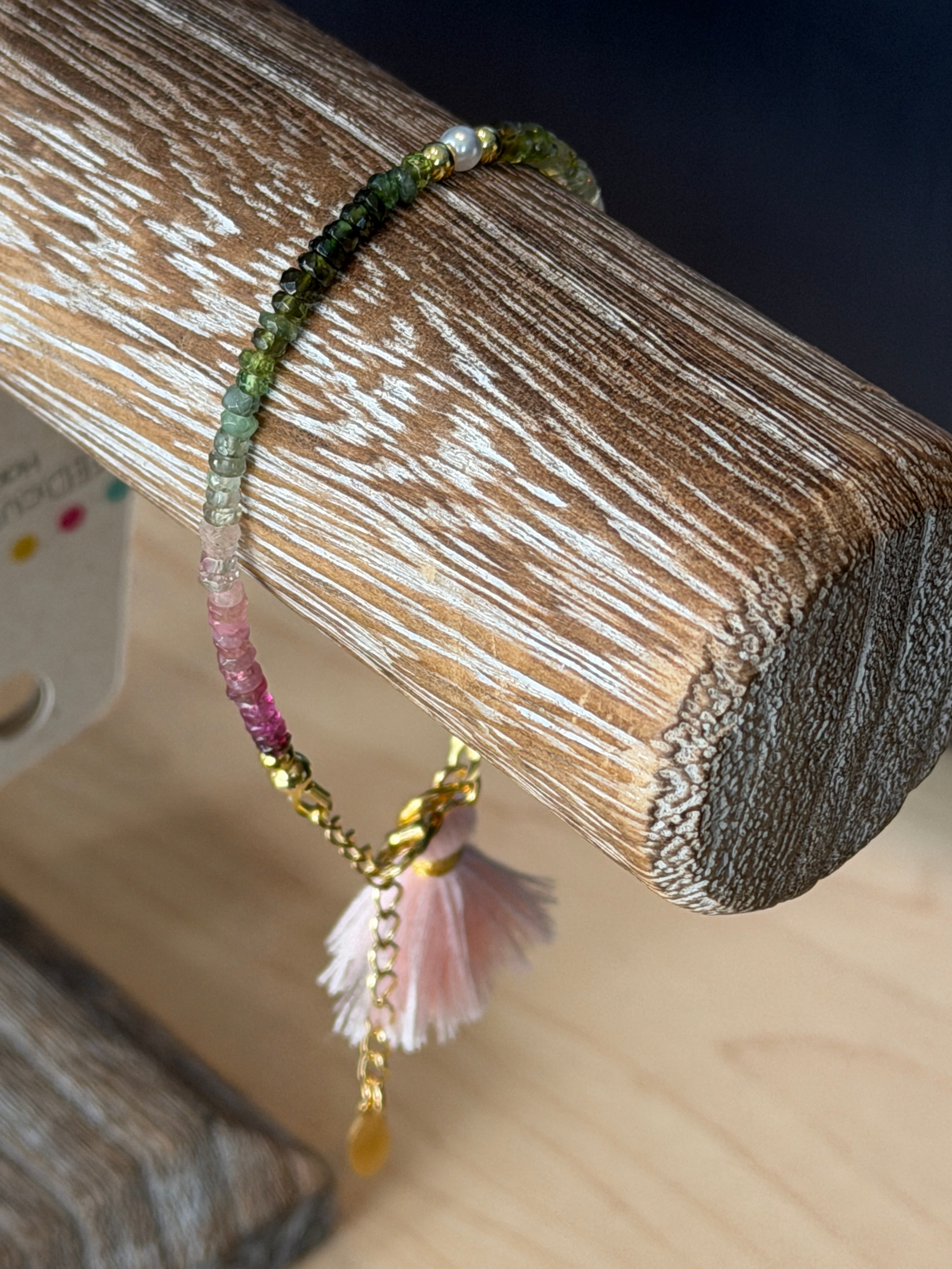 Aria bracelet #2 Tourmaline gemstones, freshwater pearls, pink tassel*