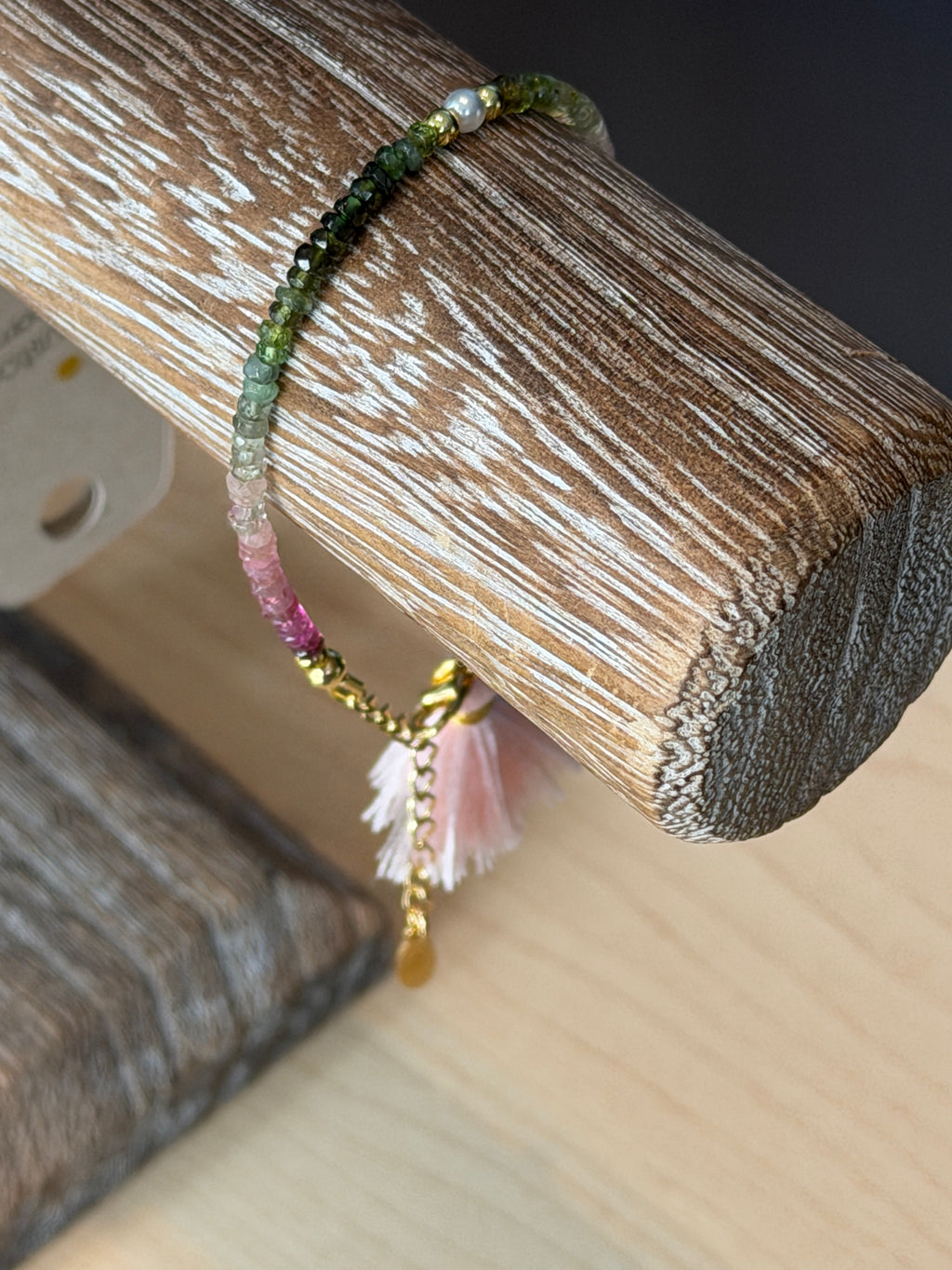 Aria bracelet #2 Tourmaline gemstones, freshwater pearls, pink tassel*