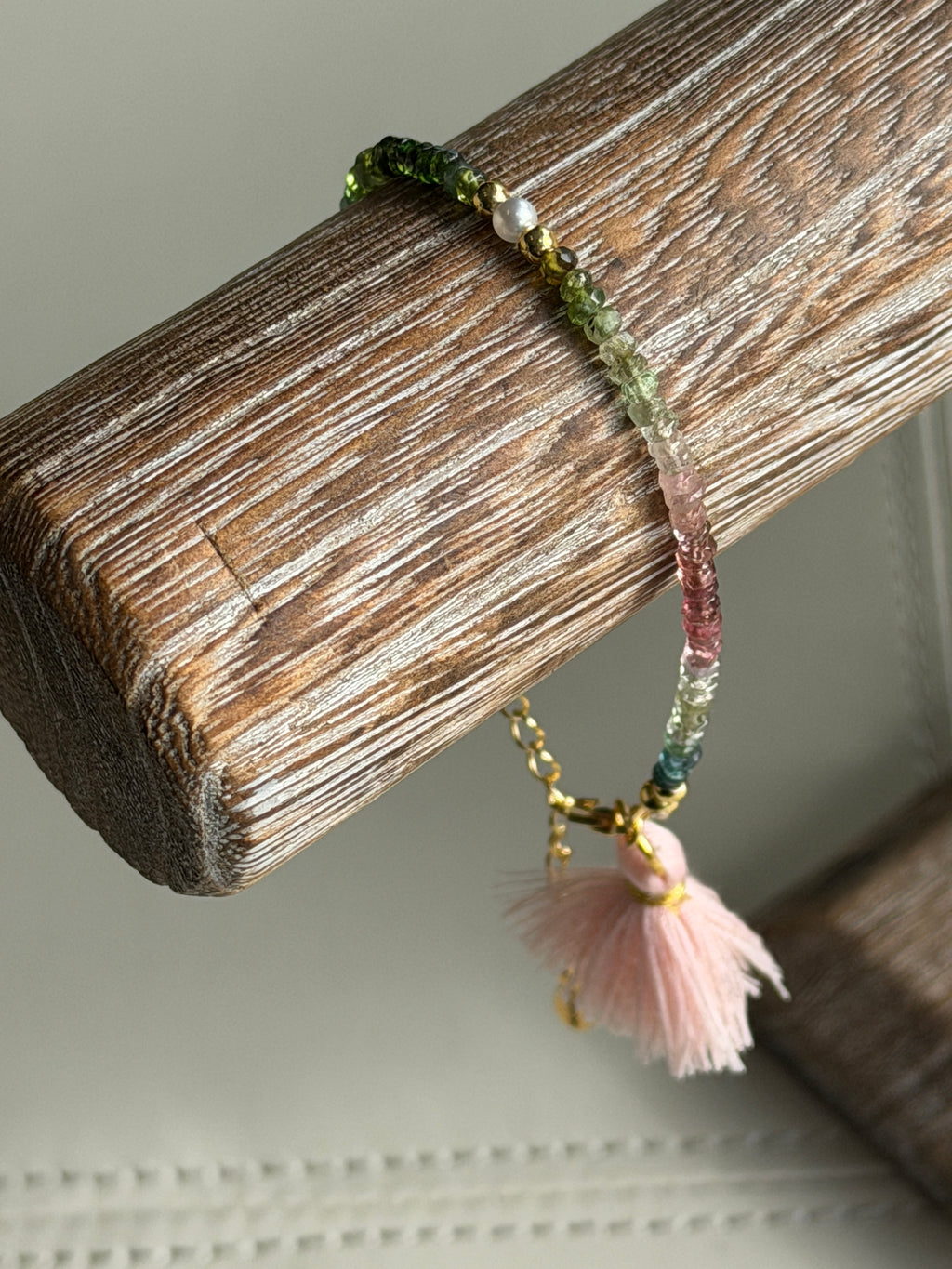 Aria bracelet #2 Tourmaline gemstones, freshwater pearls, pink tassel*