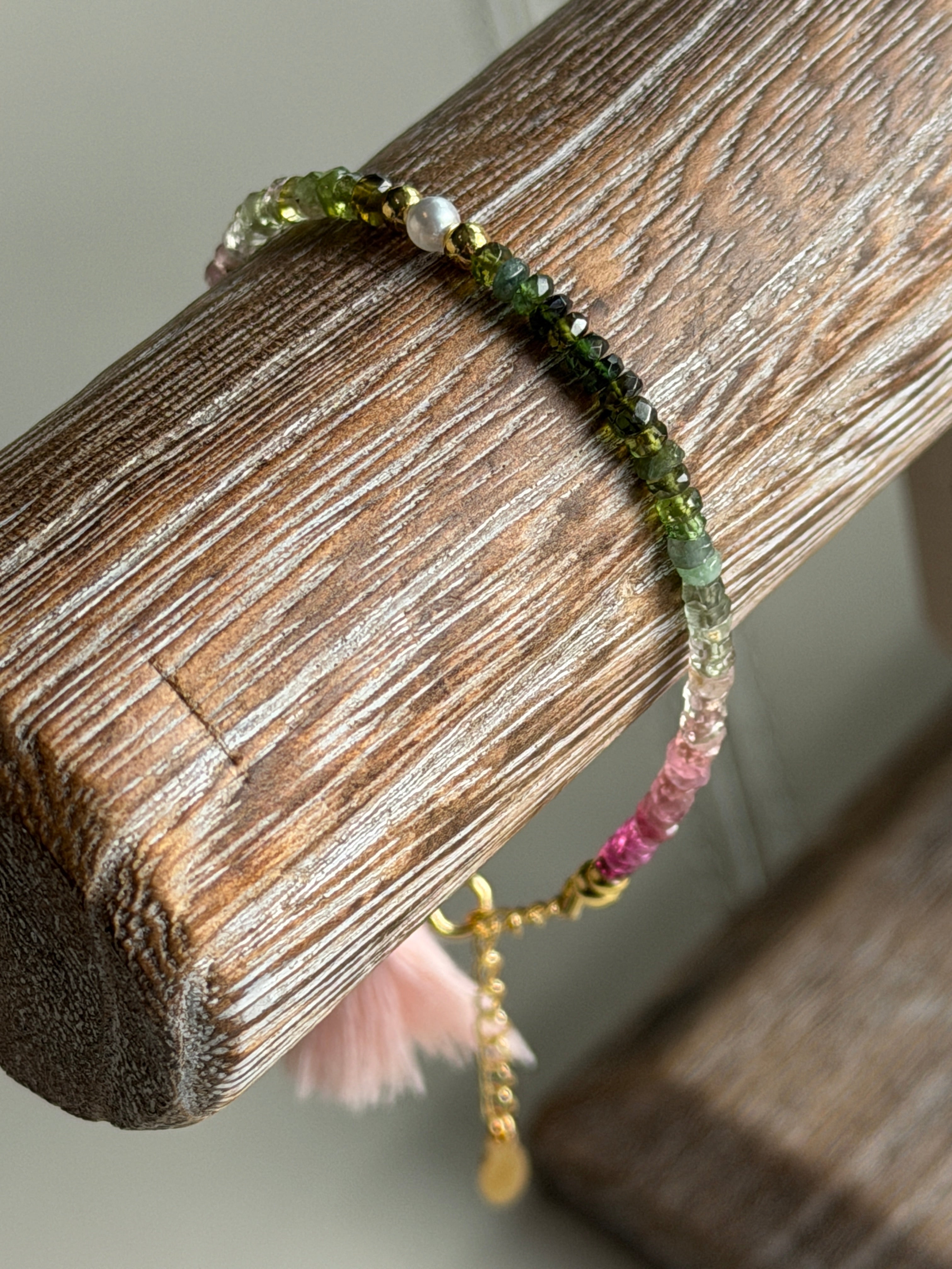 Aria bracelet #2 Tourmaline gemstones, freshwater pearls, pink tassel*
