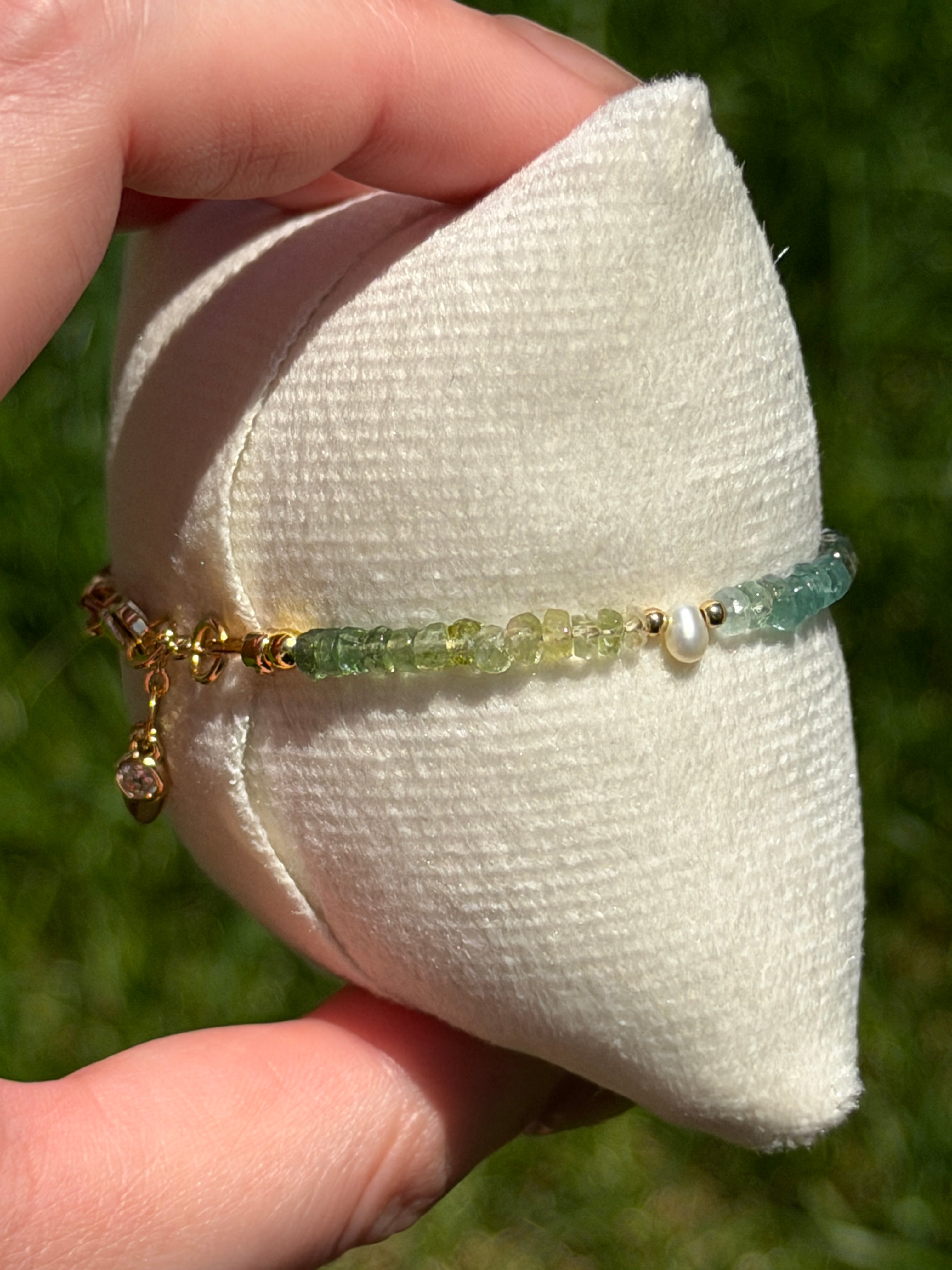 Aria bracelet #13 Tourmaline & Pearl with 14k gold plated accents