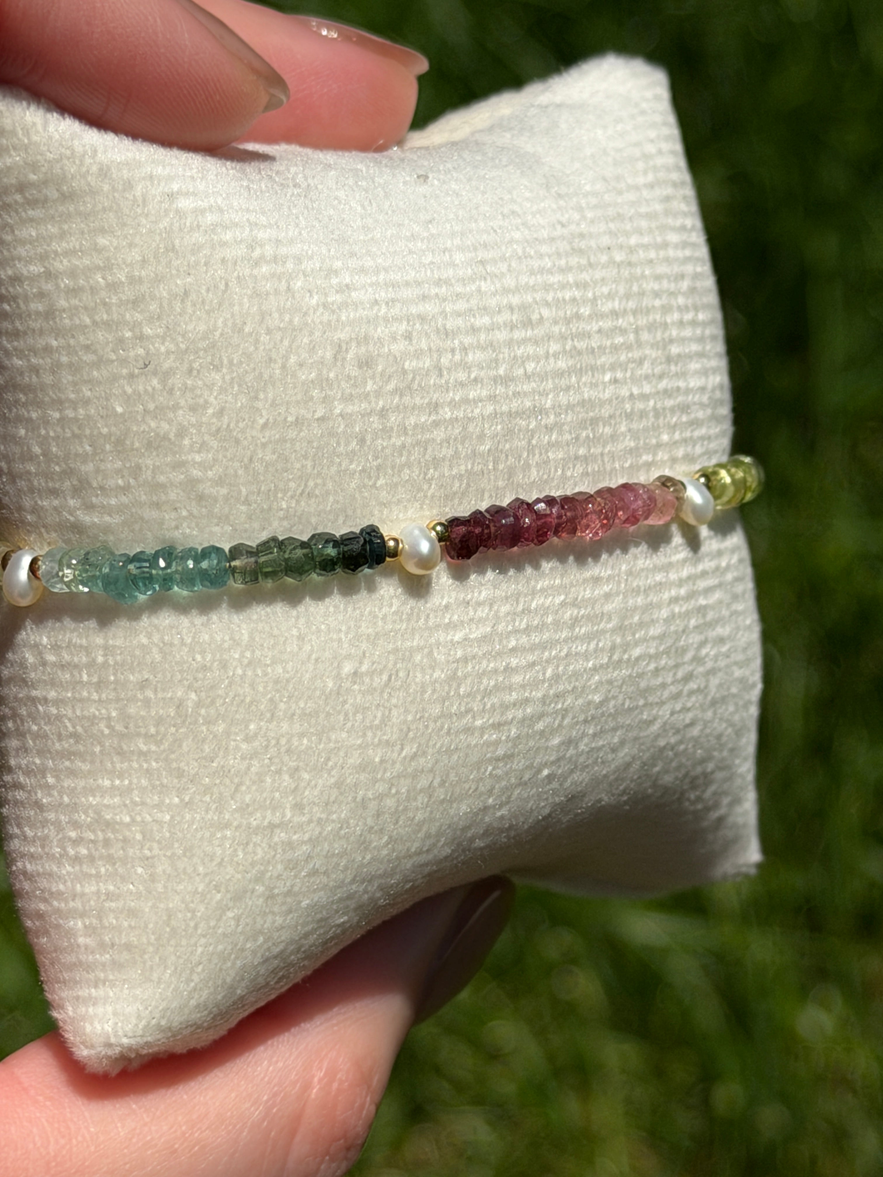 Aria bracelet #13 Tourmaline & Pearl with 14k gold plated accents